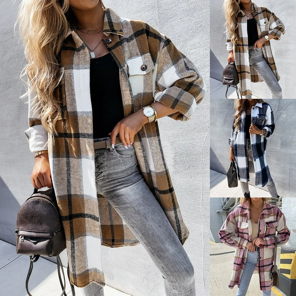 

Women Plaid Long Sleeve Single-breasted Blouse Famale Casual Warm Overcoat Turn-down Collar Loose Long Shirt For Women Lugentolo