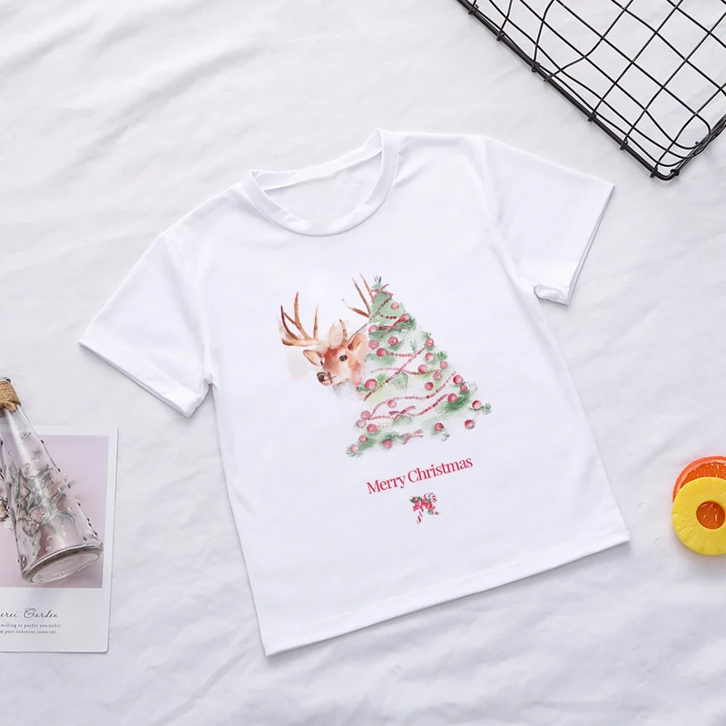 Новинка; Рождественская рубашка; детская футболка с милым оленем, Санта Клаусом, дарит подарки; футболка для мальчиков; забавная летняя футболка для девочек; Повседневный короткий рукав - Цвет: 617
