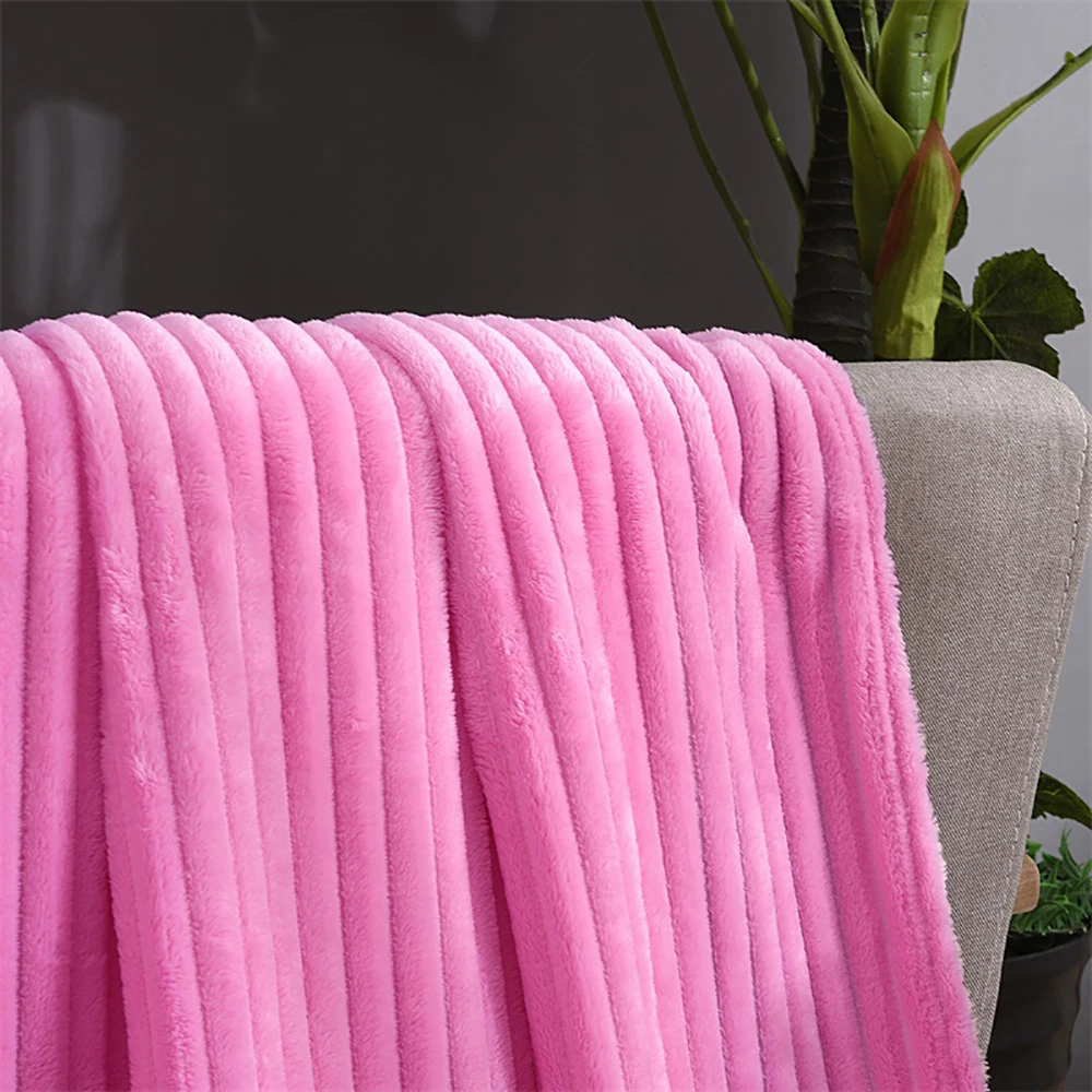 Beddowell Soft Fluffy Striped Flannel Blankets For Beds Solid Coral Fleece Throw Winter Bed Linen Sofa Cover Bedspread Blankets