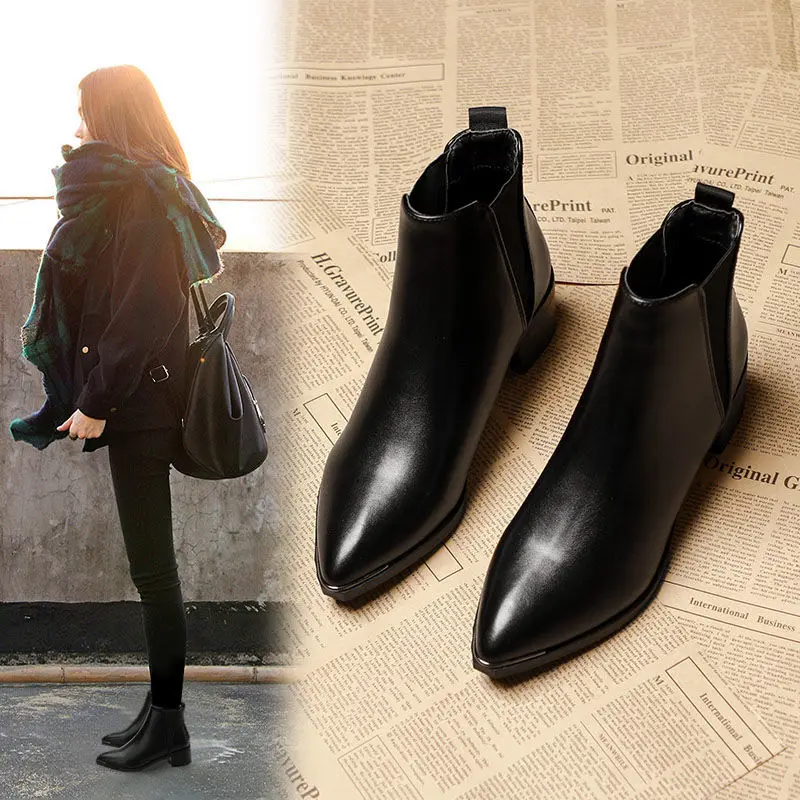 2021 Autumn and Winter New Thick Heel Short Boots Women's British Style Korean Pointed Martin Boots and Bare Boots Pointed Shoes
