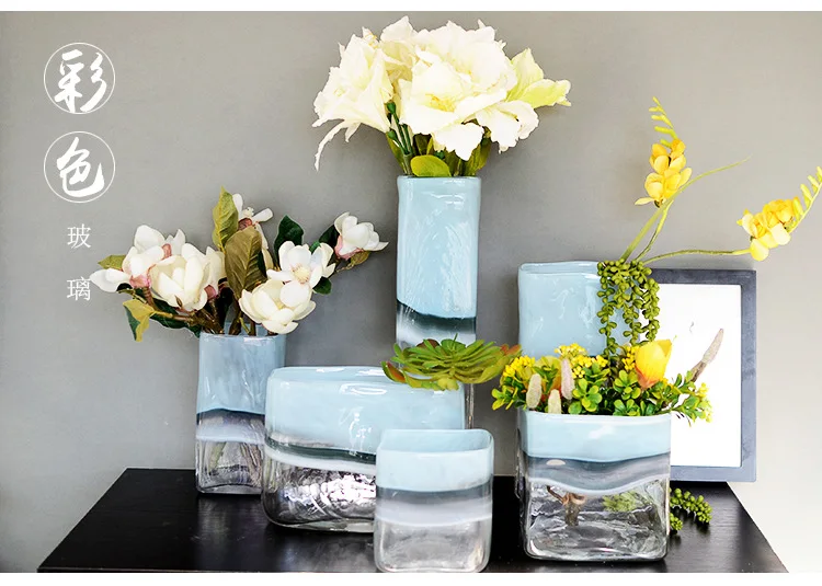 Небесно-Голубой под яркими цветными стеклами американская ваза с ораментами геометрическое цветное стекло Скандинавское украшение для дома