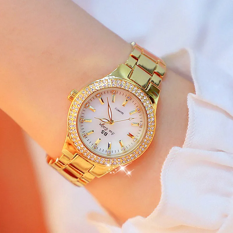 Роскошные Брендовые женские часы с кристаллами, ЖЕНСКИЕ НАРЯДНЫЕ часы, модные кварцевые часы из розового золота, женские наручные часы из нержавеющей стали - Цвет: Gold