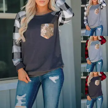 

Autumn Blockbuster Chequered Sleeve Printing Stitching Sequin Pocket Round Neck Long Sleeve T-shirt