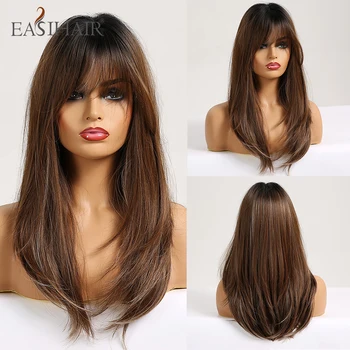 Long Straight Synthetic Wigs with Bangs Black to Brown Ombre