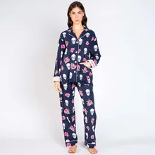 QWEEK Cotton Pajamas for Women Flowers Skull Pattern Pijamas Two Piece Set Autumn Pour Femme Sleepwear Pyjamas Home Clothes Cute