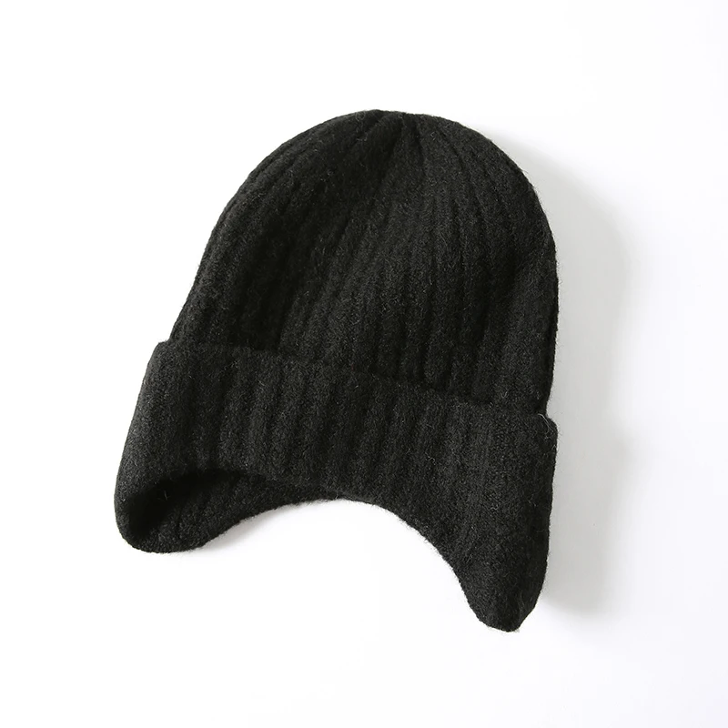 OMEA для женщин Вязание зимне наушники шапка сплошной цвет мохер шапочки шапка для дам Skullies женская вязаная шапка женские зимние шапочки - Цвет: Black