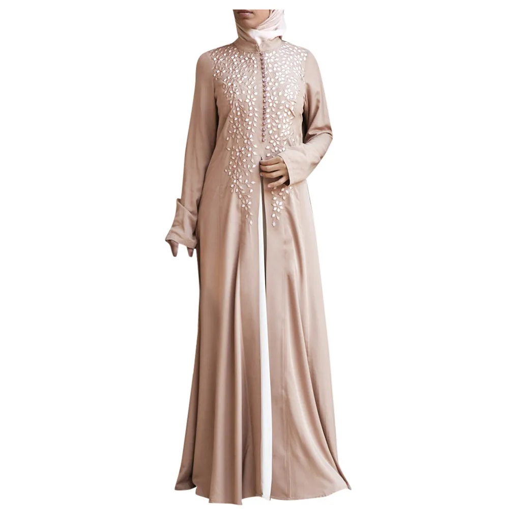 Модное женское мусульманское платье, кафтан, арабский джилбаб, абайя, исламское кружево, сшитое макси, элегантные вечерние платья, винтажное платье для девушек - Цвет: Khaki