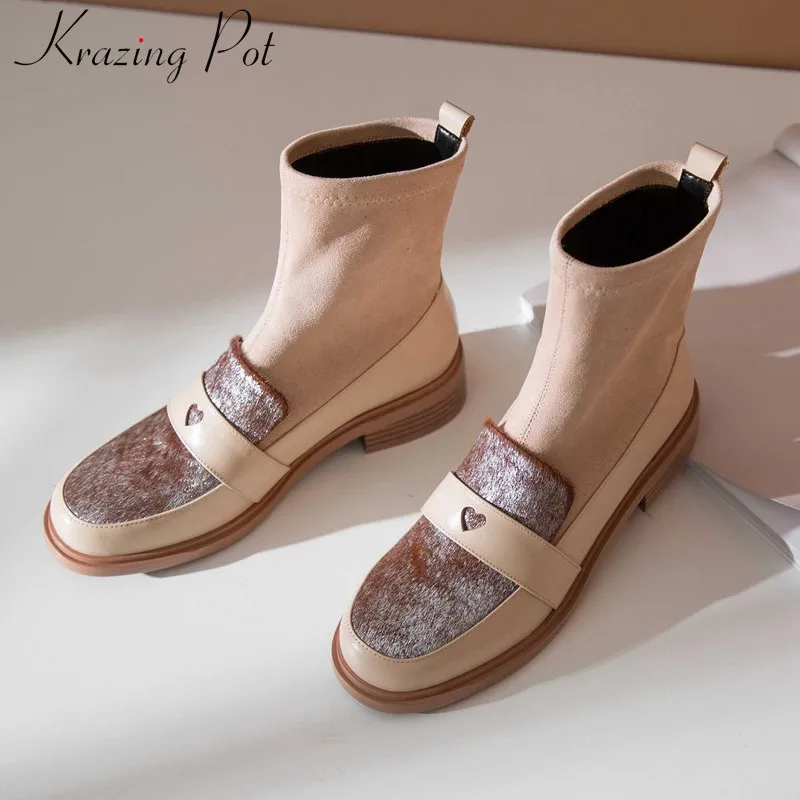 Krazing pot/растягивающиеся разноцветные ботинки из коровьей кожи и флока для отдыха; Модные женские зимние теплые ботильоны с круглым носком на среднем каблуке; L05