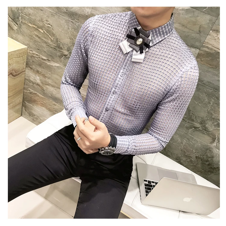 Сексуальная мужская одежда Клубные наряды Social уличная Vetement Homme плед рубашки для мужчин Прозрачные рубашки мужские s Прозрачные рубашки