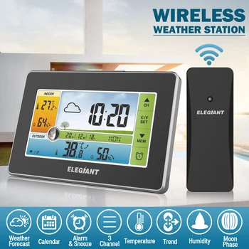 

ELEGIANT Digital TOUCHED Wireless Indoor Weather Station + Outdoor Sensor / Calendar / Moon Phase / Snooze Alarm Clock / 3CH
