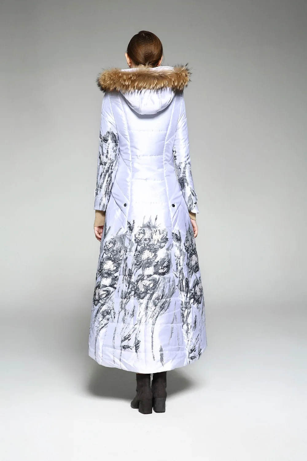 Xlong/Новая высококачественная женская зимняя куртка, парки с принтом, роскошный пуховик из натурального хлопка с меховым воротником, очень длинные пальто с хлопковой подкладкой