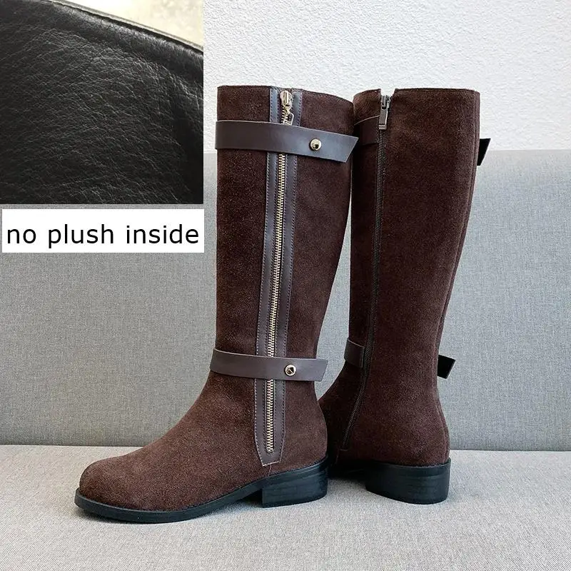 no plush inside ALLBITEFO/женские сапоги до колена из натуральной кожи с пряжкой на толстом каблуке с плюшевой подкладкой зимние женские сапоги женские высокие сапоги - Цвет: no plush inside