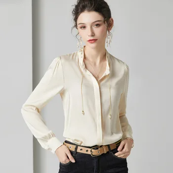 

beige satin silk blouse for women high quality long sleeve 4XL plus size casual sexy office dress shirts fashion dropshipping