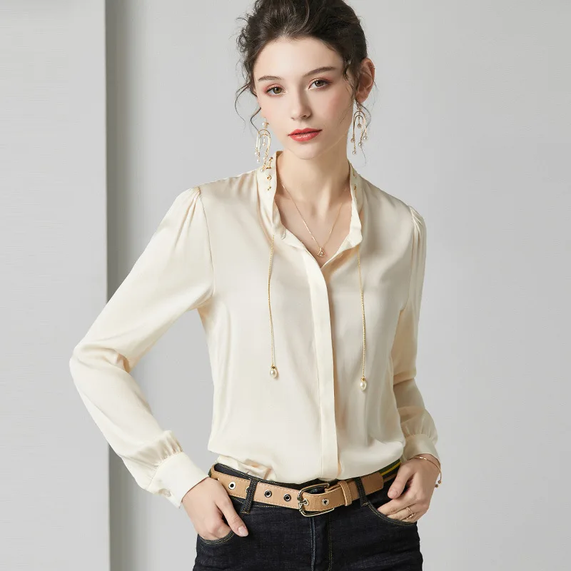  beige satin silk blouse for women high quality long sleeve 4XL plus size casual sexy office dress s