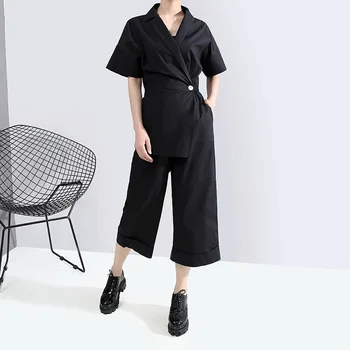 

Women's Clothing High Waist Summer Jumpsuits Solid Casual Office Lady Suit Collar Wide Leg Pants Solid Casual Trousers TA6314