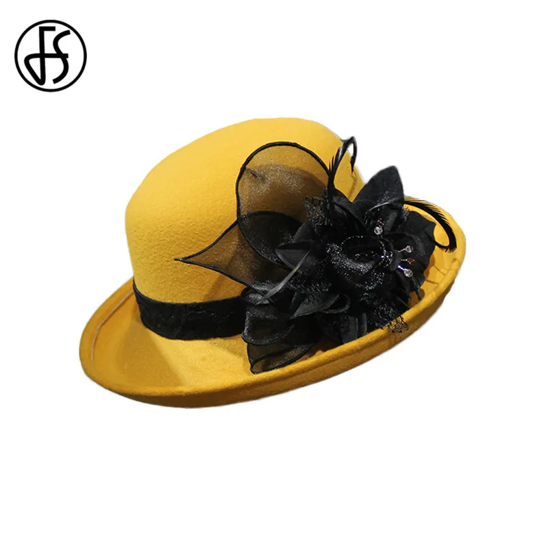 FS женская черная шляпа-Клош, повседневная шерстяная шляпа-федора, шляпа с широкими полями и цветочным пером, Кепка-купол, высококачественные осенне-зимние шапки
