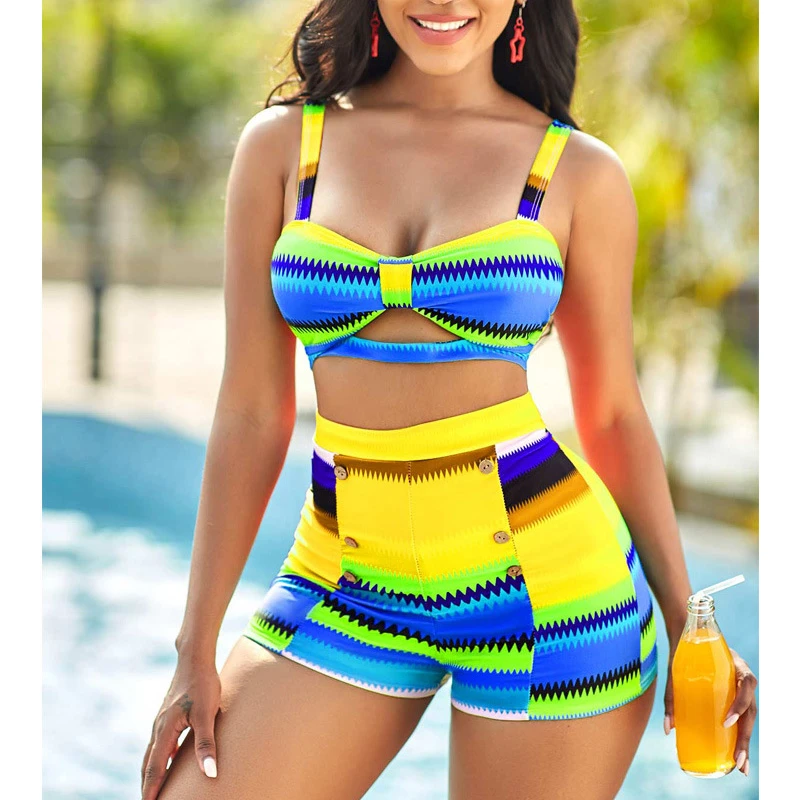 Summer fitness matching suit sexy bra bikini suit printed short top and high waist shorts two-piece beach swimwear two piece skirt and top