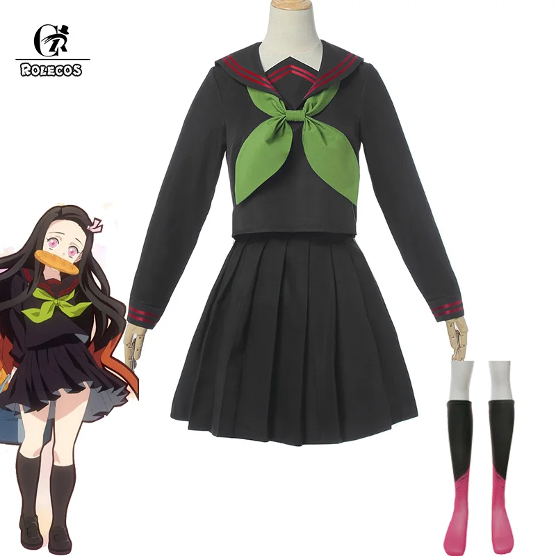 

ROLECOS Anime Demon Slayer Cosplay Yukata Kimetsu no Yaiba Cosplay Costume Kamado Nezuko School Uniform Full Set