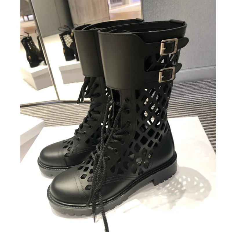 

Buckle Strap Women Motorcycle Ankle Boots Spring Autumn Lace Up Med Heels Booties Botas Ladies Cut Outs Punk Shoes Sandals