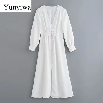 

2020 New Women Elegant Long Sleeve V Neck White Midi Dress Ladies Waist Elastic Single Buckles Casual Slim Party Dresses