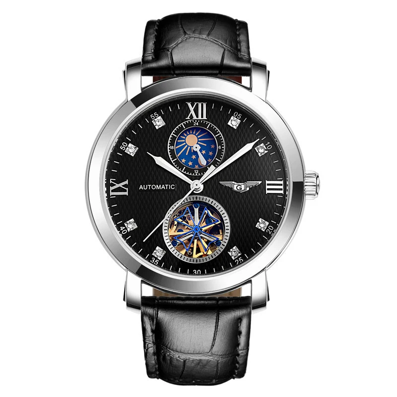 GUANQIN GJ16019 Moon phase Мужские наручные часы Tourbillon часы Sun& Moon военные часы мужские кожаные противоударные водонепроницаемые наручные часы