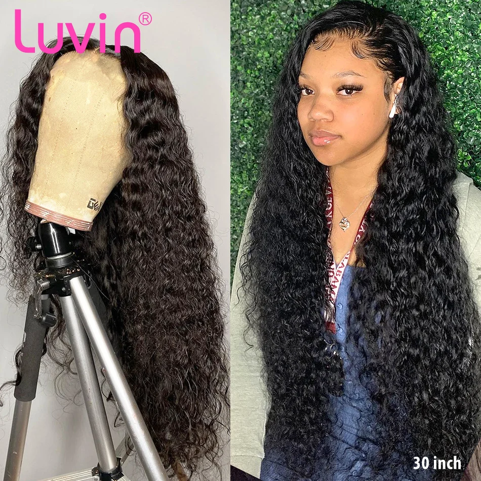 Luvin-Peluca de cabello humano rizado con malla Frontal para mujer, postizo de 30 a 40 pulgadas de densidad 180, sin pegamento, color agua, color negro, brasileña, desplumada