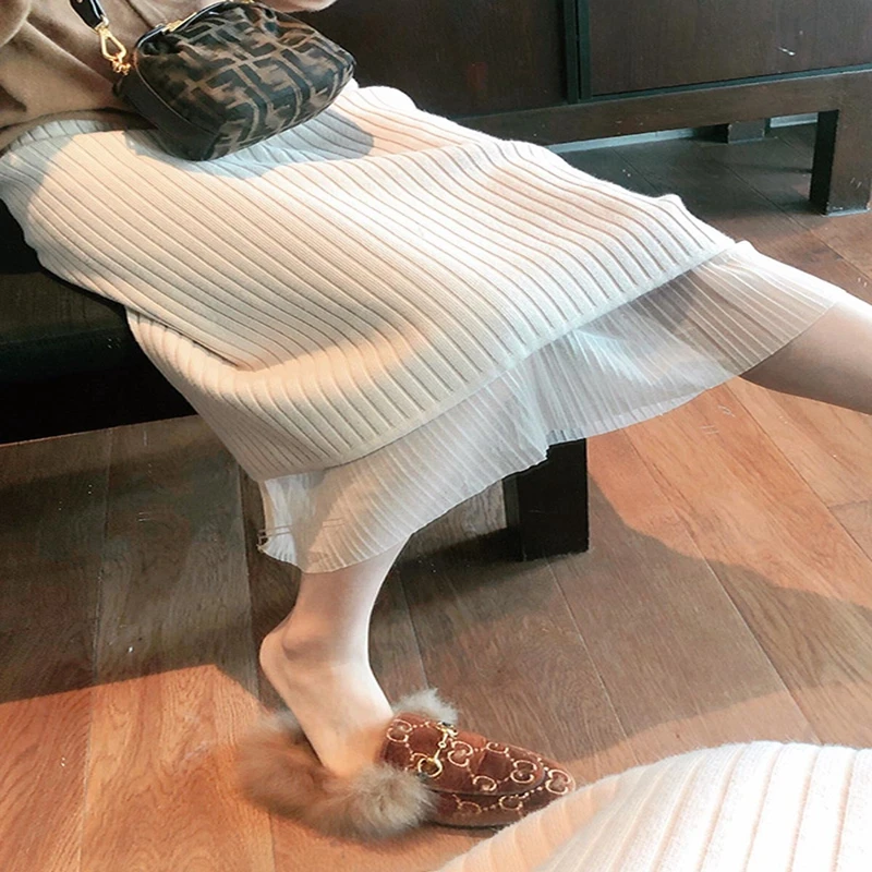 

ë¡±ì¹˜ë§ˆ 2021 New Autumn And Winter Knitted Pleated Long Women Skirts Solid Thick High-Waist Wrap Hip Back Split Mid-Calf