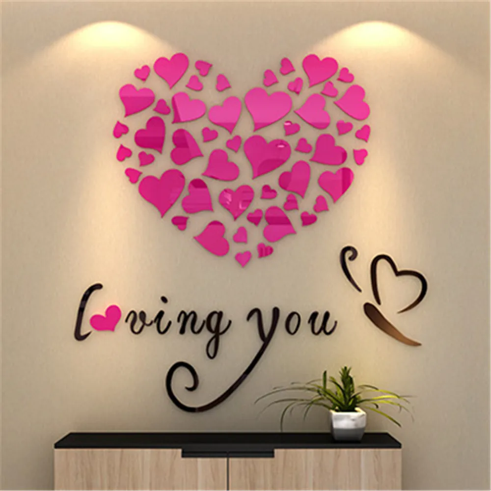 Романтические DIY художественные 3D акриловые Любовь наклейки на стену в форме сердца Спальня Гостиная свадебное украшение настенные наклейки muraux обои A3086