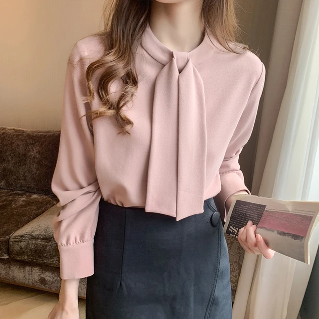 Office Long Sleeve White Woman Shirt Korean Chiffon Women Blouse With Tie Fashion  Tops V Neck Loose Female Clothing : Buy Online at Best Price in KSA - Souq  is now 