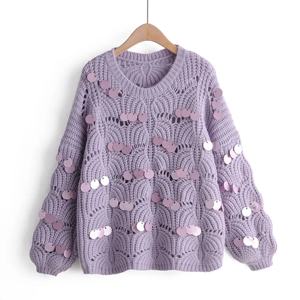 

LTD1199210 New 2019 New O-Neck Hollow Out Sequined Long Sleeve Loose Pullover Sweater Women Vestidos