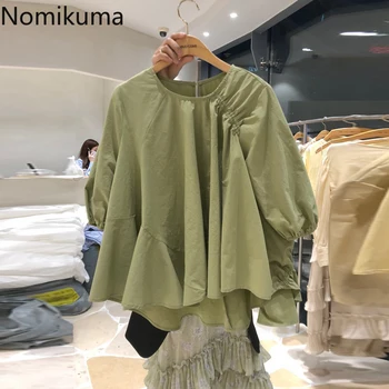 

Nomikuma Korean Womens Tops and Blouses Short Sleve O-neck Pullover Doll Shirt 2020 Summer Irregular Ruffle Blusas Femme 3Z490