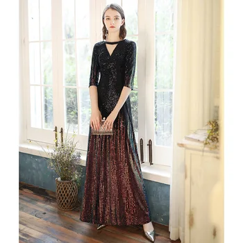 

wei yin AE0334 Sequins Evening Party Gown Women Elegant Mermaid Maxi Dress Sexy Half Sleeves Floor Length Vestidos De Soiree