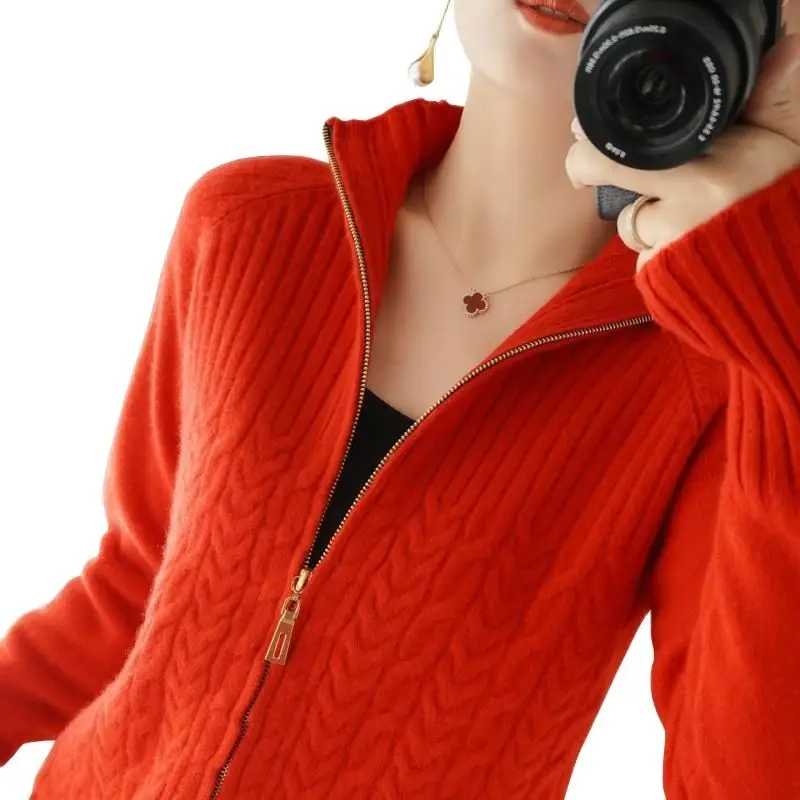 Zipper Knitted Sweater Cardigan Women Stand-Up Collar Loose Cable  Solid Knit Sweater Jacket Female Student Tops Autumn Red Pink