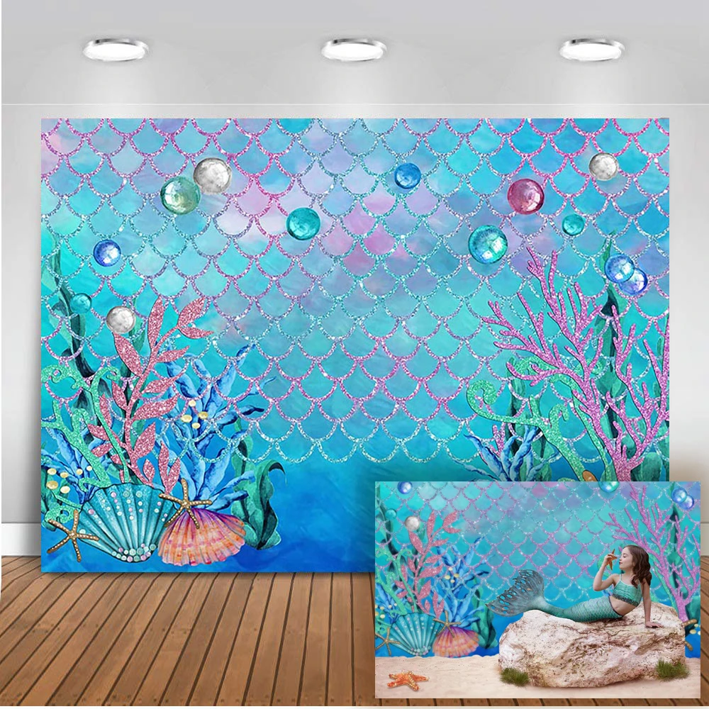 Under The Sea Blue Photography Backdrop Ocean Mermaid Theme Girl Birthday Party Decoration Pearls Starfish Shell Baby Shower Background Aliexpress