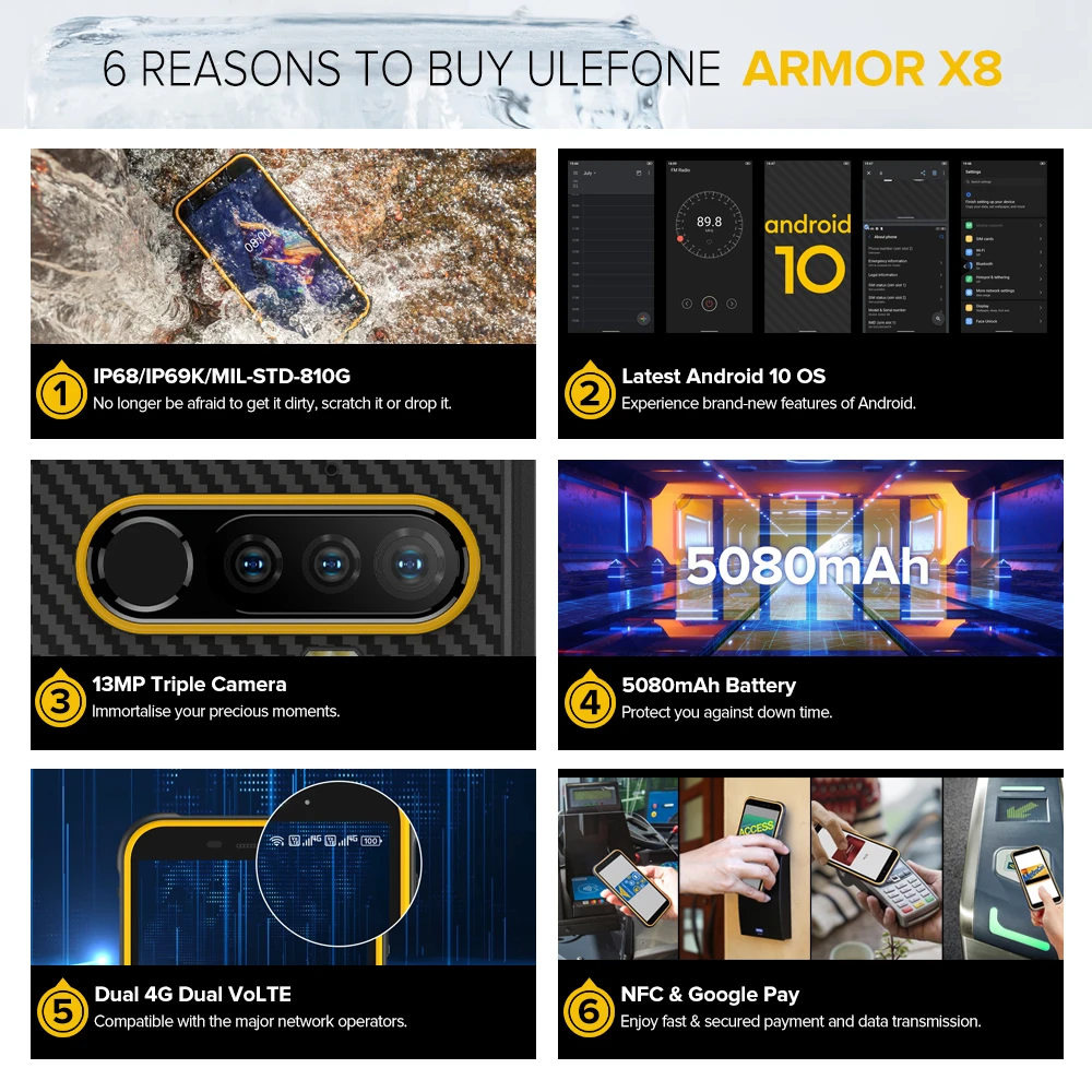 Ulefone Armor X8 прочный Водонепроницаемый смартфон Android10 5 7 дюймовый мобильный телефон