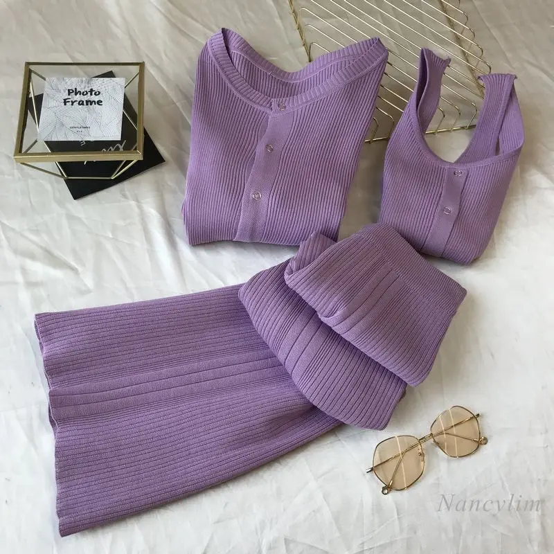 

2020 Autumn Fall New Vest Tank + Short Cardigan Jacket + Wide Leg Pants Knitted Three-Piece Set Female Clothes Knitwear