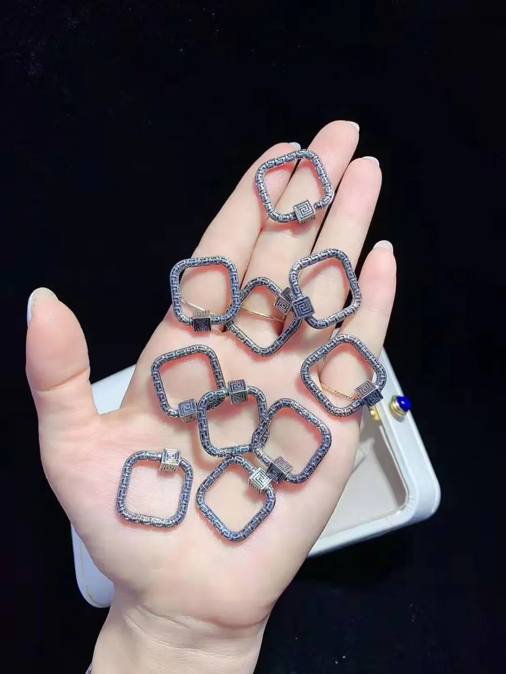 5PCS, CZ Micro Pave Crystal Zirconia Clasp Lock Carabiner Pave Lock Gumetal Jewelry Findings