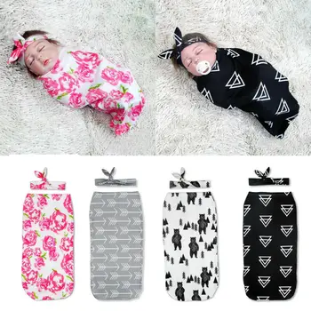 

2Pcs Newborn Baby Boy Girl Cotton Swaddle Blanket 2019 Baby Boy Girl Floral Printed Sleeping Bag Muslin Wrap Headband Sleep Sack