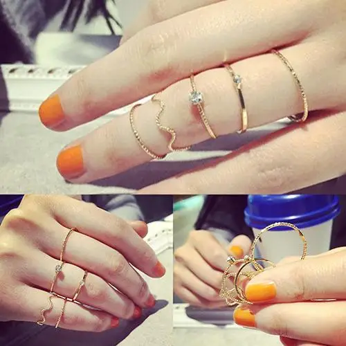 

5Pcs/Set Women Ring Band Ring Set Alloy Wave Stack Above Knuckle Midi Rings Set Lady Jewelry Woman's accesories