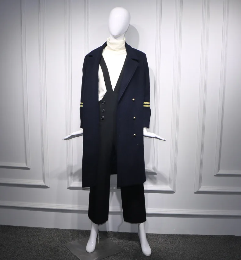 

Navy Long Woolen Coat Women 2019 Turn-down Collar Single Breasted Women Jackets and Coats