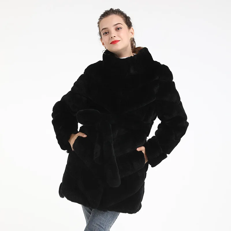 

2019 autumn/winter Fashion New Whole Leather Collar Twill Long Belt Belt Otter Rex Rabbit Fur Female Fur Coat