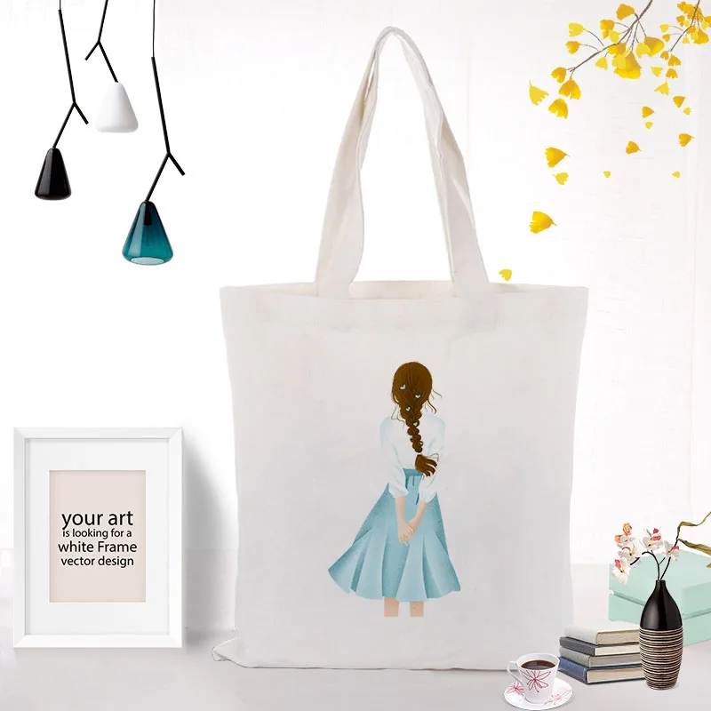 Girl Pattern Canvas Tote Bag Shopping Bag Handbag Daily Use Text DIY Custom Print Logo Eco Reusable Recycle - Цвет: GIRL004
