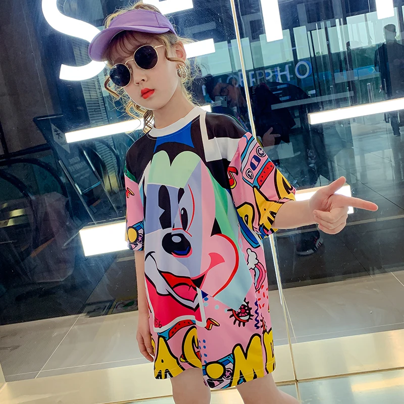 Summer girls long t shirt Baby tee dress kids dress Children vestidos streetwear clothesmickey print short sleeve 4 to 14 yrs