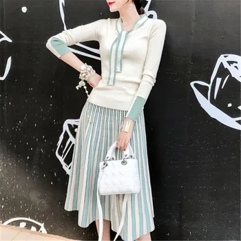 

winter bow knot tie knit pullovers sweater shiny striped pleated mid skirt suit women knit 2 piece set sweater suit