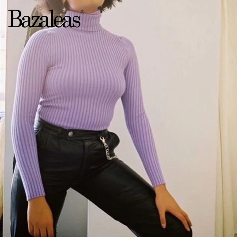 

Bazaleas Chic Candy Color Purple sweater women Fashion Turtleneck knitted Pullover Vintage Women pull femme Slim свитер