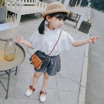 

2-7T Little Kids Chic Shirt + Shorts Set Girls Summer Set Toddler Outfits Girl Lolita White Lace Blouse Shirt Short Pants Sets