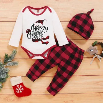 価格 ベビー幼児ベビーガールズボーイズクリスマスの手紙ボディスーツロンパース + チェック柄パンツ + 帽子服ベビー服 детские вещи