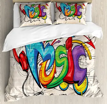 

Music Duvet Cover Set Illustration of Graffiti Style Lettering Headphones Hip Hop Theme on Beige Bricks 3 Piece Bedding Set