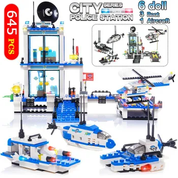 

City Police Station Helicopter Boat Truck Car Building Blocks 645pcs Mini Bricks Figure Compatible Children Toys