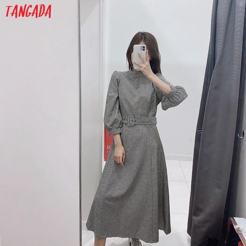 Tangada женское элегантное зимнее платье с поясом, клетчатое платье с принтом и стоячим воротником,, модные офисные женские платья средней длины, vestidos 2W93